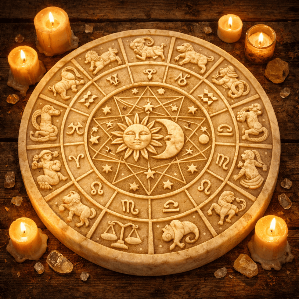 Carved zodiac wheel displaying astrological signs surrounded by lit candles