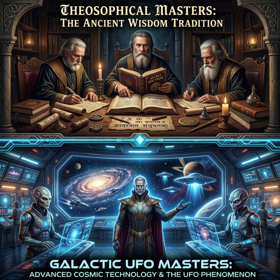 Three elderly scholars studying ancient texts and symbols contrasted with futuristic alien beings operating advanced technology in a spaceship