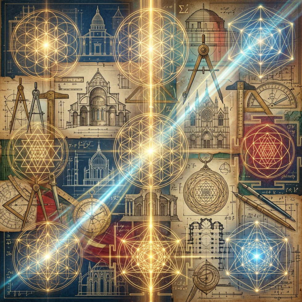 Layered collage architecture instruments diagrams sacred geometry light