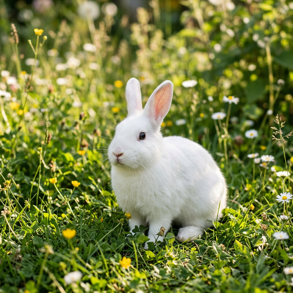 White rabbit sitting on green grass with yellow and white wildflowers