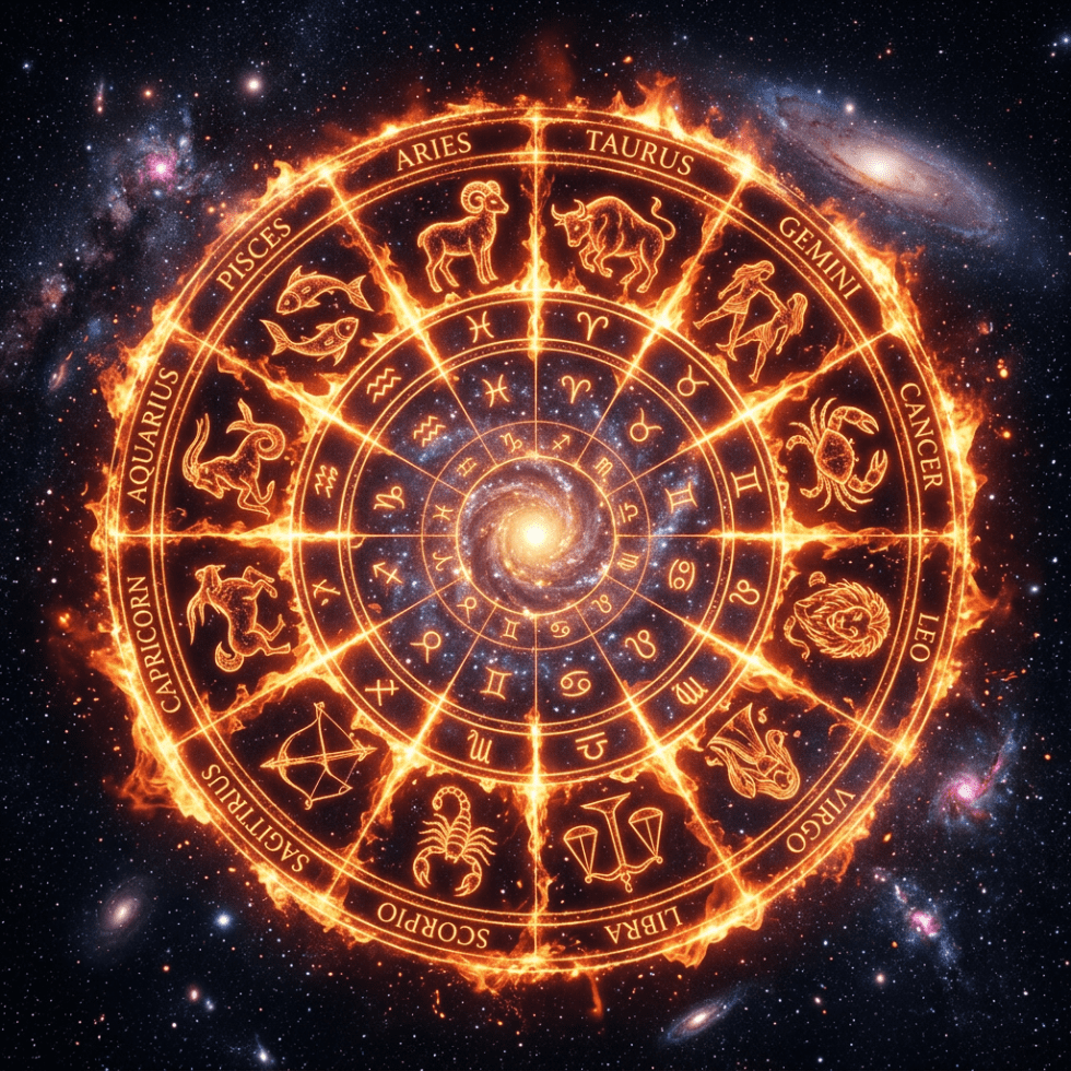 Zodiac wheel with twelve astrology signs glowing in fiery orange against space.