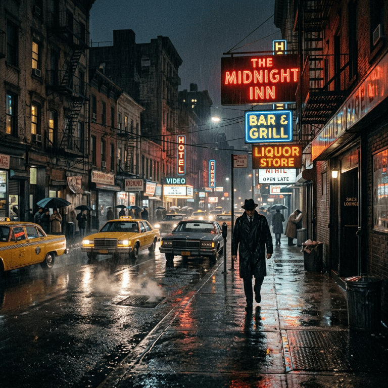 Man in black coat and hat walks down rainy city sidewalk with neon signs and traffic.