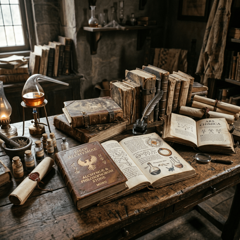 Table with old alchemy books, scrolls, glass containers, and a feather quill