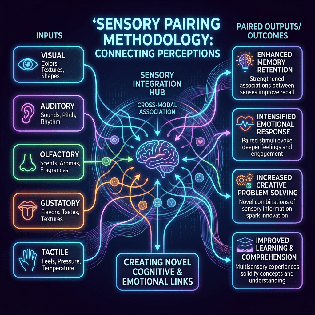 Infographic showing sensory inputs including visual, auditory, olfactory, gustatory, and tactile leading to sensory integration hub and paired cognitive and emotional outcomes