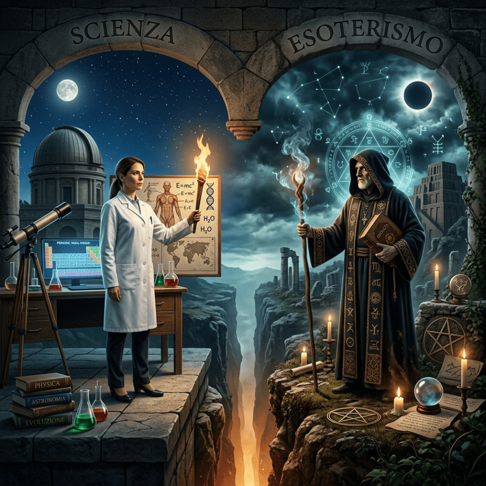 Scientist holding a torch on left under science arch and sorcerer with staff on right under esotericism arch