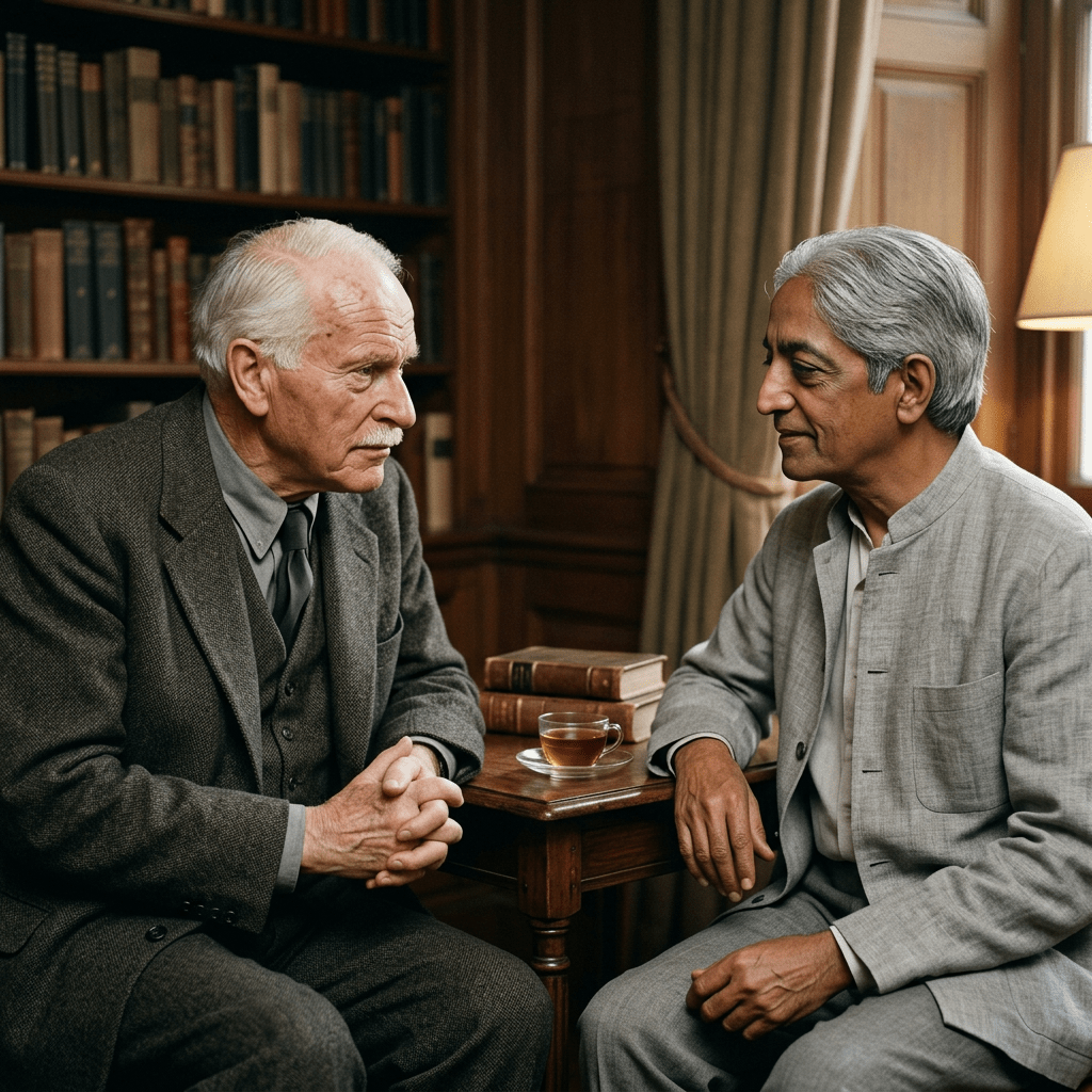 Two elderly men seated across from each other in a library, talking