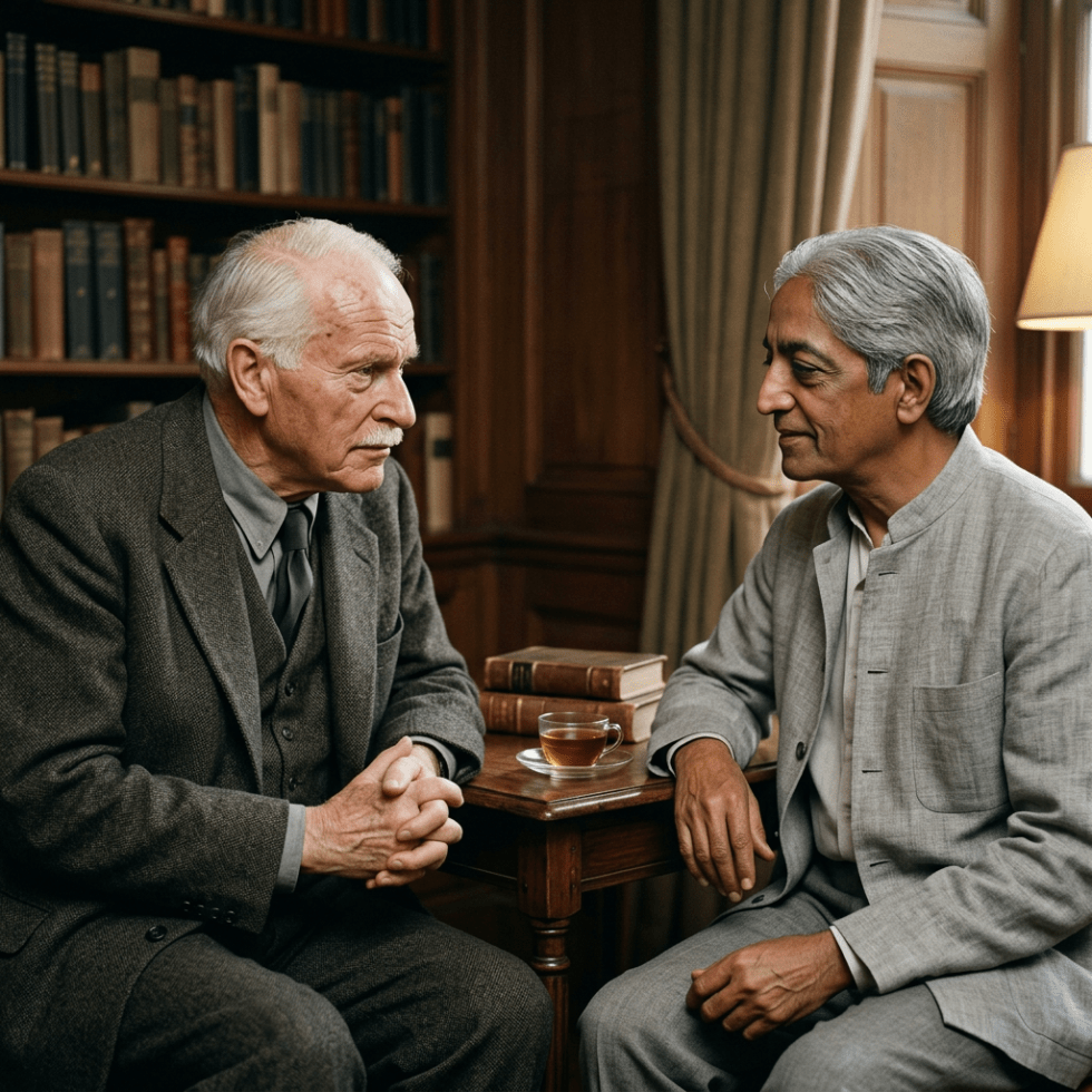 Two elderly men seated across from each other in a library, talking