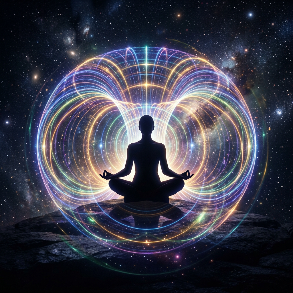 Silhouette of a person meditating with colorful energy waves surrounding them in space.