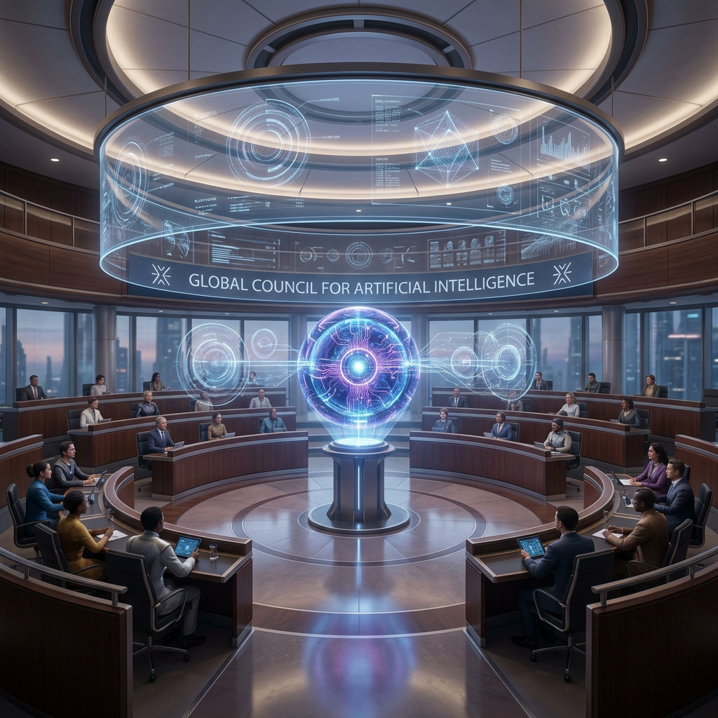 Conference room with participants seated around a circular table, centered on a holographic AI model and digital data displays