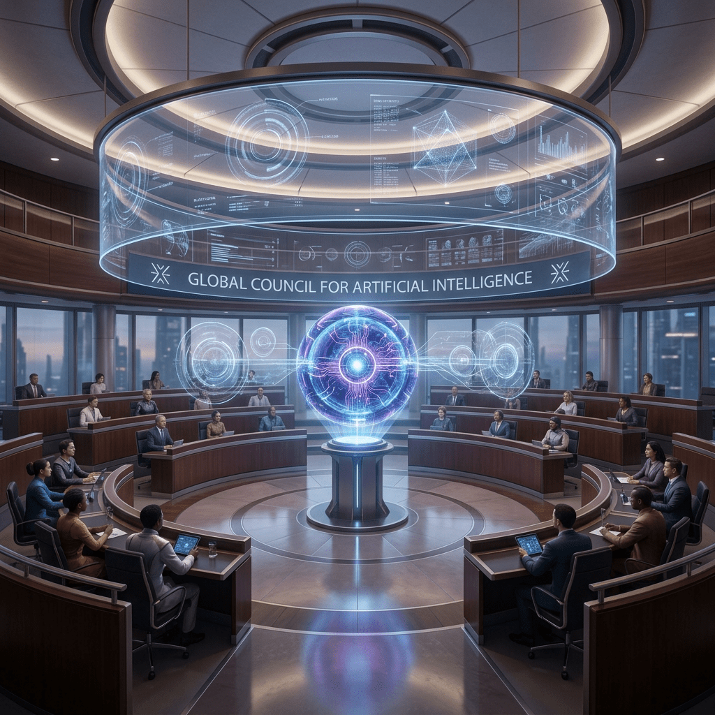Conference room with participants seated around a circular table, centered on a holographic AI model and digital data displays