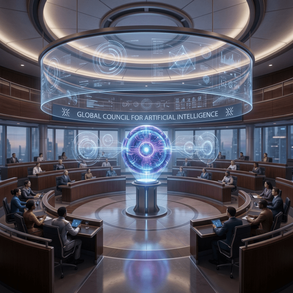 Conference room with participants seated around a circular table, centered on a holographic AI model and digital data displays