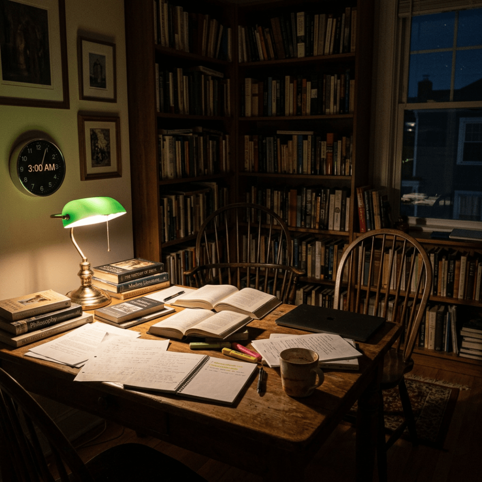 Wooden table in a home library with open books, notes, a lamp, and a digital clock showing 3:00 AM