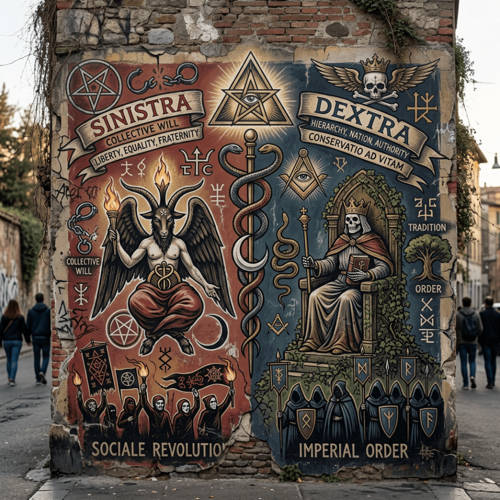 Street mural depicting symbols and figures representing social revolution and imperial order ideologies.