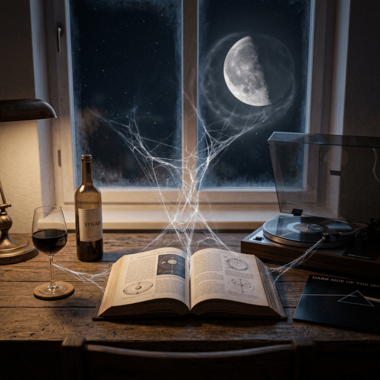 Open book with astronomy diagrams on wooden desk connected by magical light strands to a glass of red wine, a wine bottle, and a record player under a moonlit window