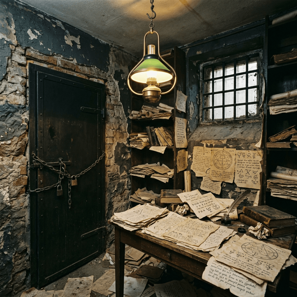 Room with old papers, mystical symbols, chained door, and bookshelf