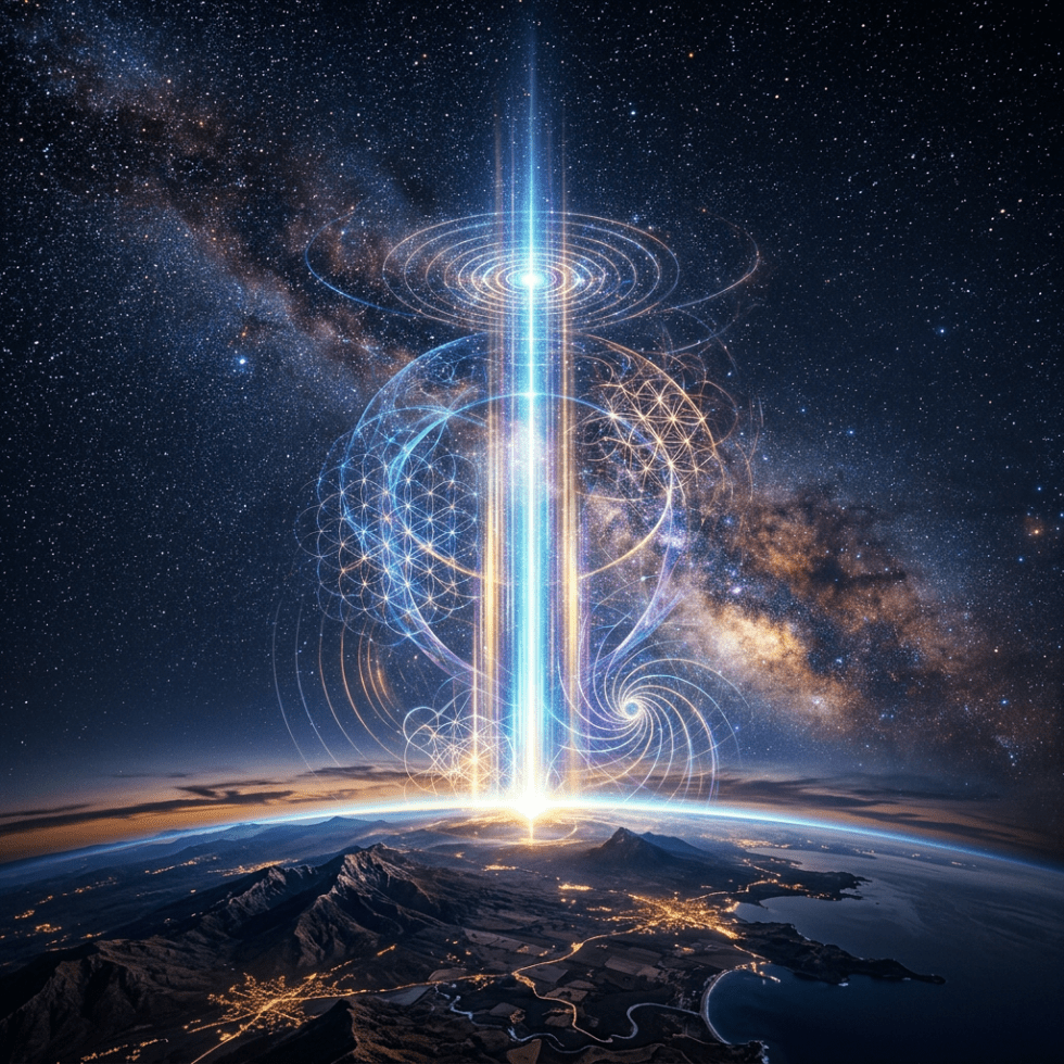 Bright cosmic energy beam rising from Earth's surface against star-filled sky
