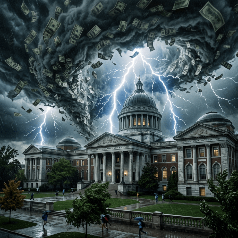 Storm with lightning and tornado filled with falling money over a university campus with people walking in rain