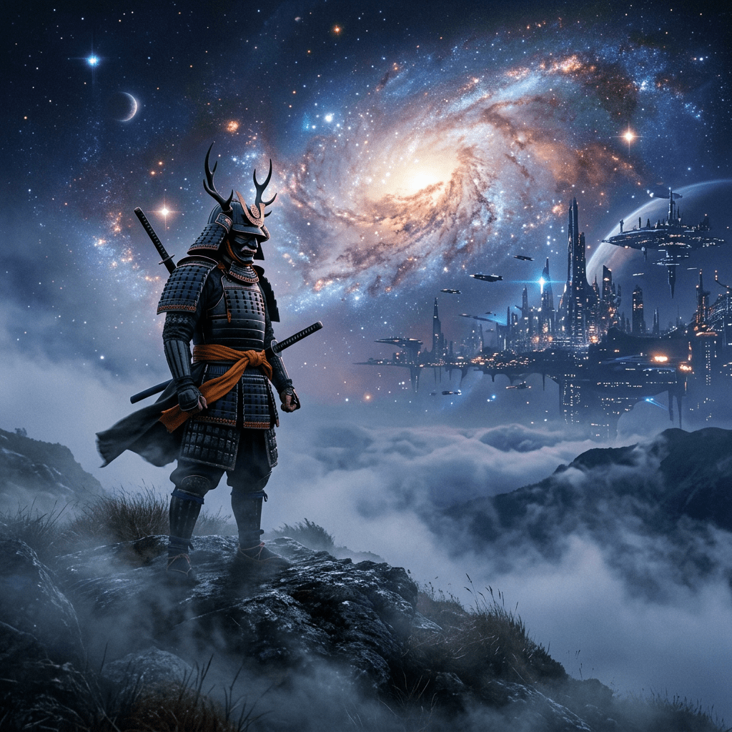 Samurai in traditional armor standing on rocky terrain with a futuristic city and galaxy in the background