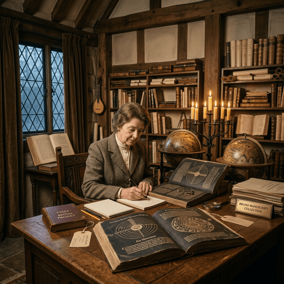 Woman writing notes surrounded by antique astronomy books and globes in a library