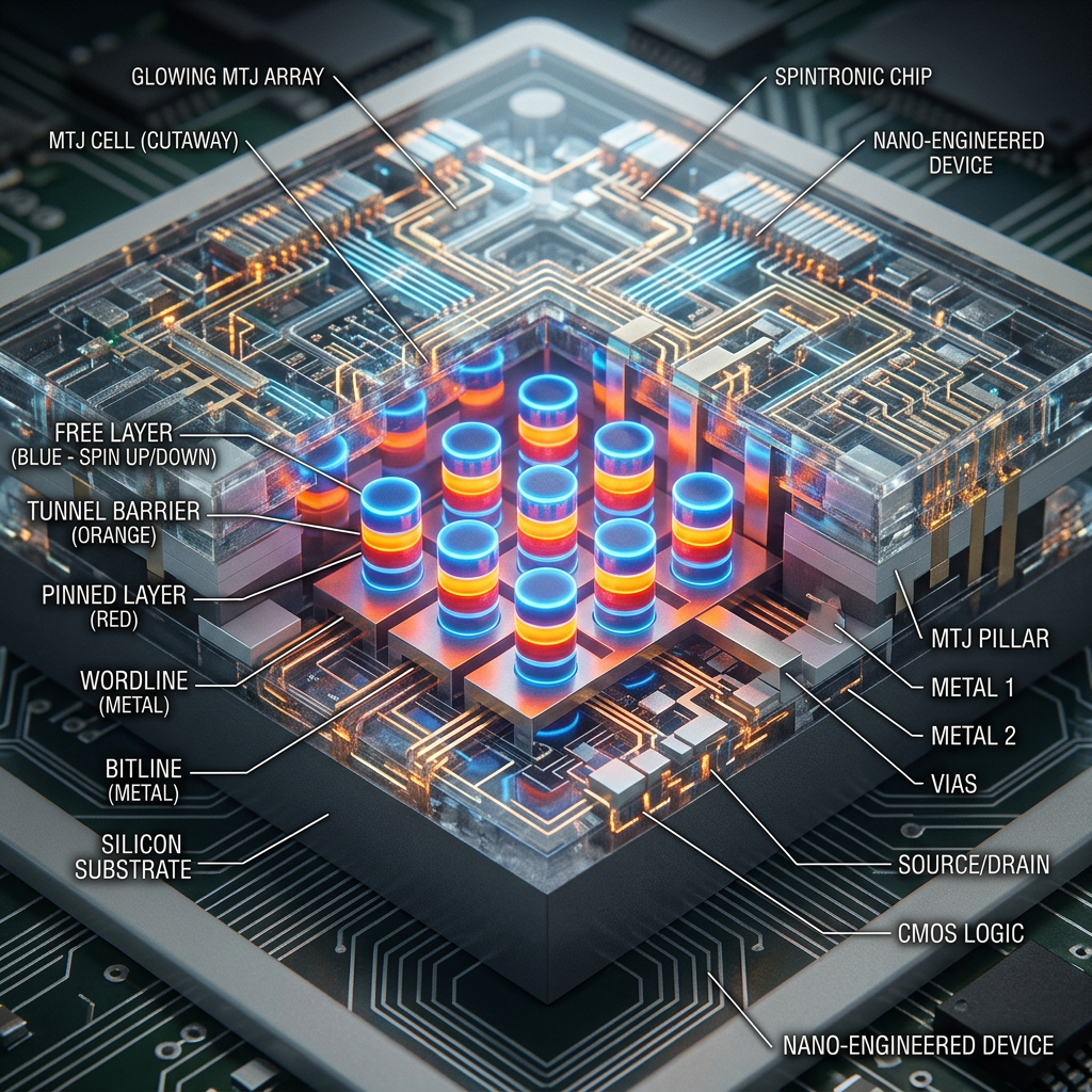 Cross-section of spintronic chip showing MTJ pillars, free and pinned layers, tunnel barrier, metal wordline and bitline, silicon substrate, and CMOS logic