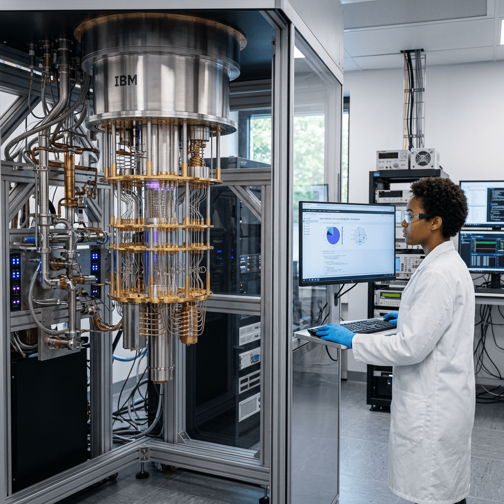 Scientist in lab coat and gloves using computer to monitor IBM quantum computer