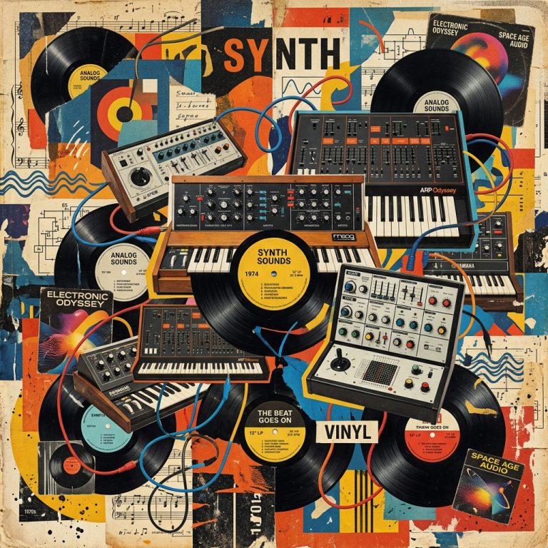 Vintage synthesizers and vinyl records collage with colorful abstract background