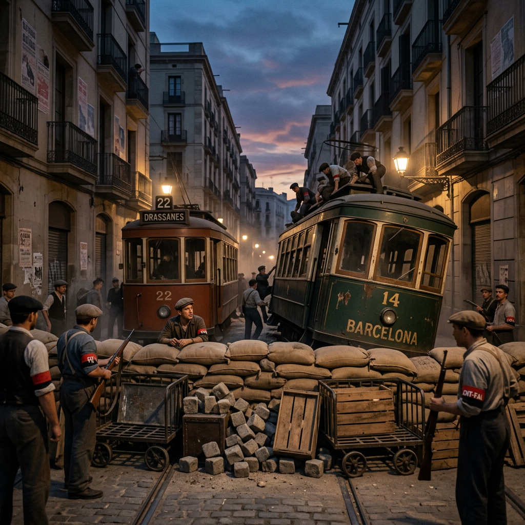 Group of men blocking a street in Barcelona with trams, sandbags, and stones