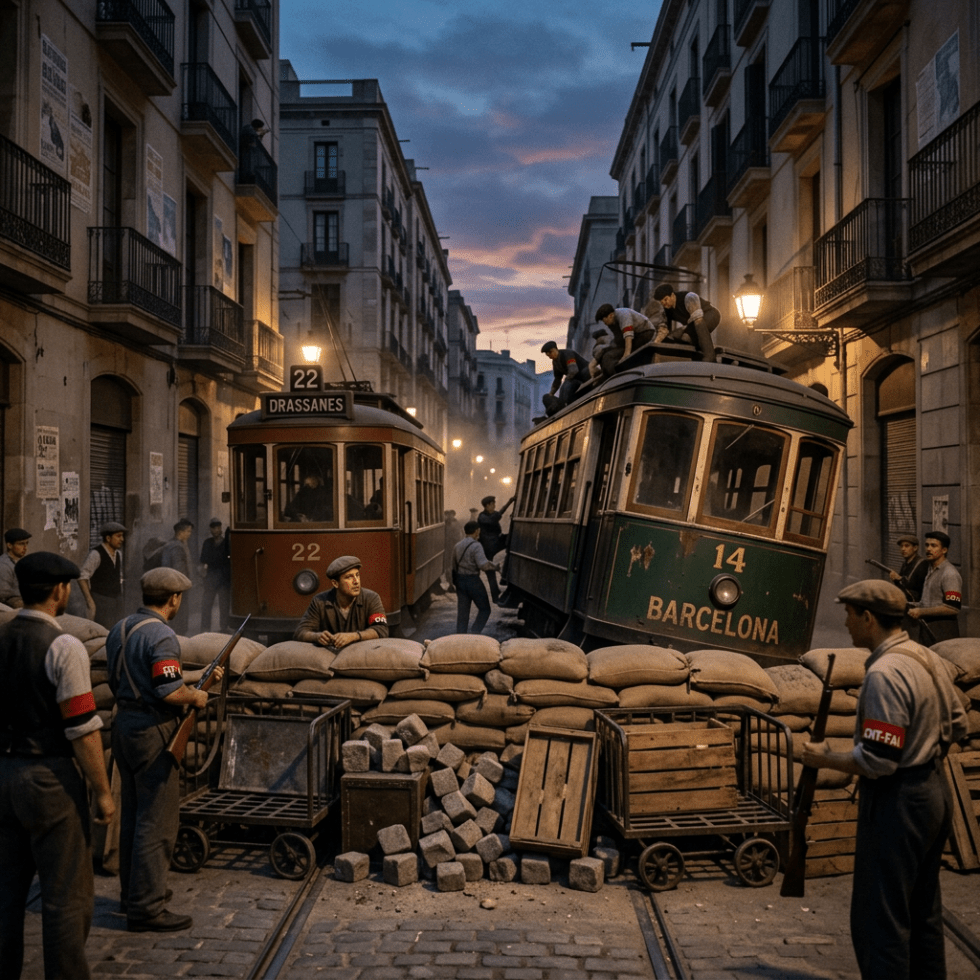 Group of men blocking a street in Barcelona with trams, sandbags, and stones