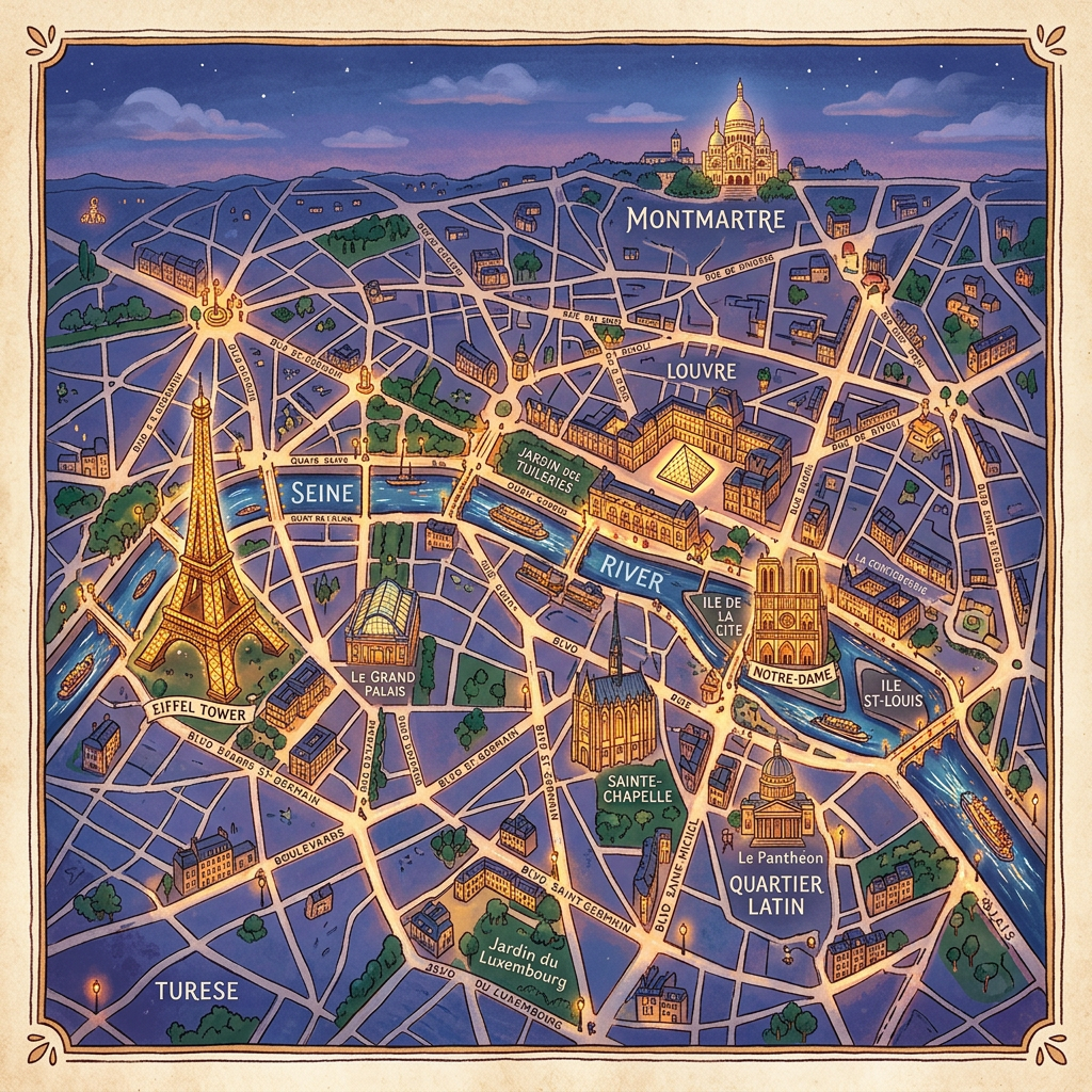 Illustrated night map of central Paris showing landmarks like Eiffel Tower, Louvre, Notre-Dame, and Montmartre
