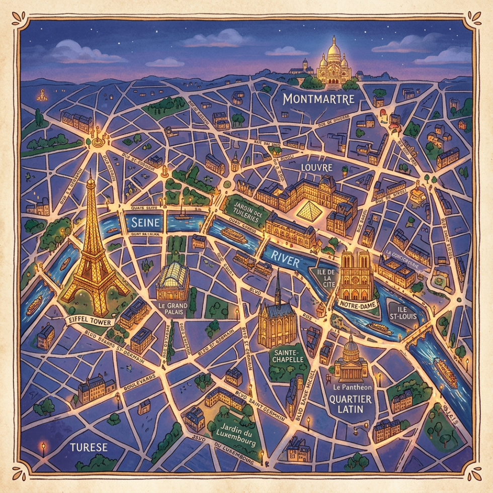 Illustrated night map of central Paris showing landmarks like Eiffel Tower, Louvre, Notre-Dame, and Montmartre