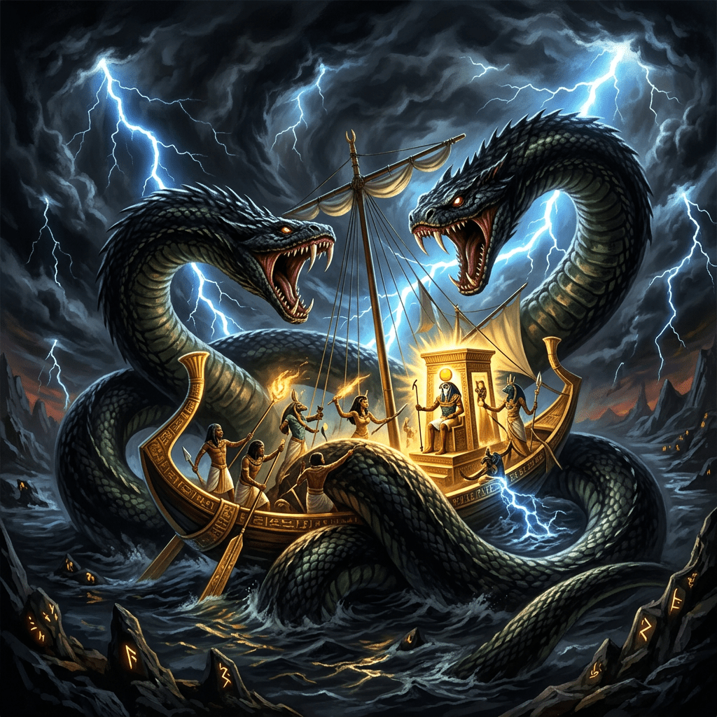 Golden Egyptian boat with warriors fighting a two-headed sea serpent in stormy seas with lightning