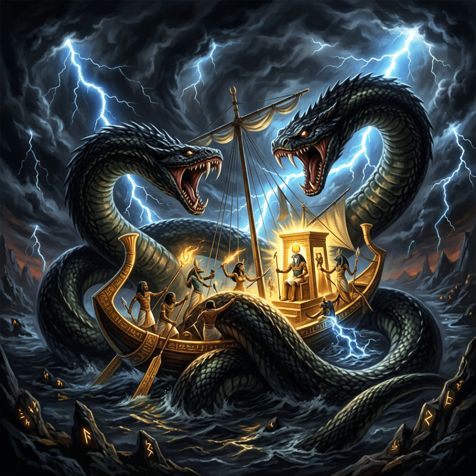 Golden Egyptian boat with warriors fighting a two-headed sea serpent in stormy seas with lightning