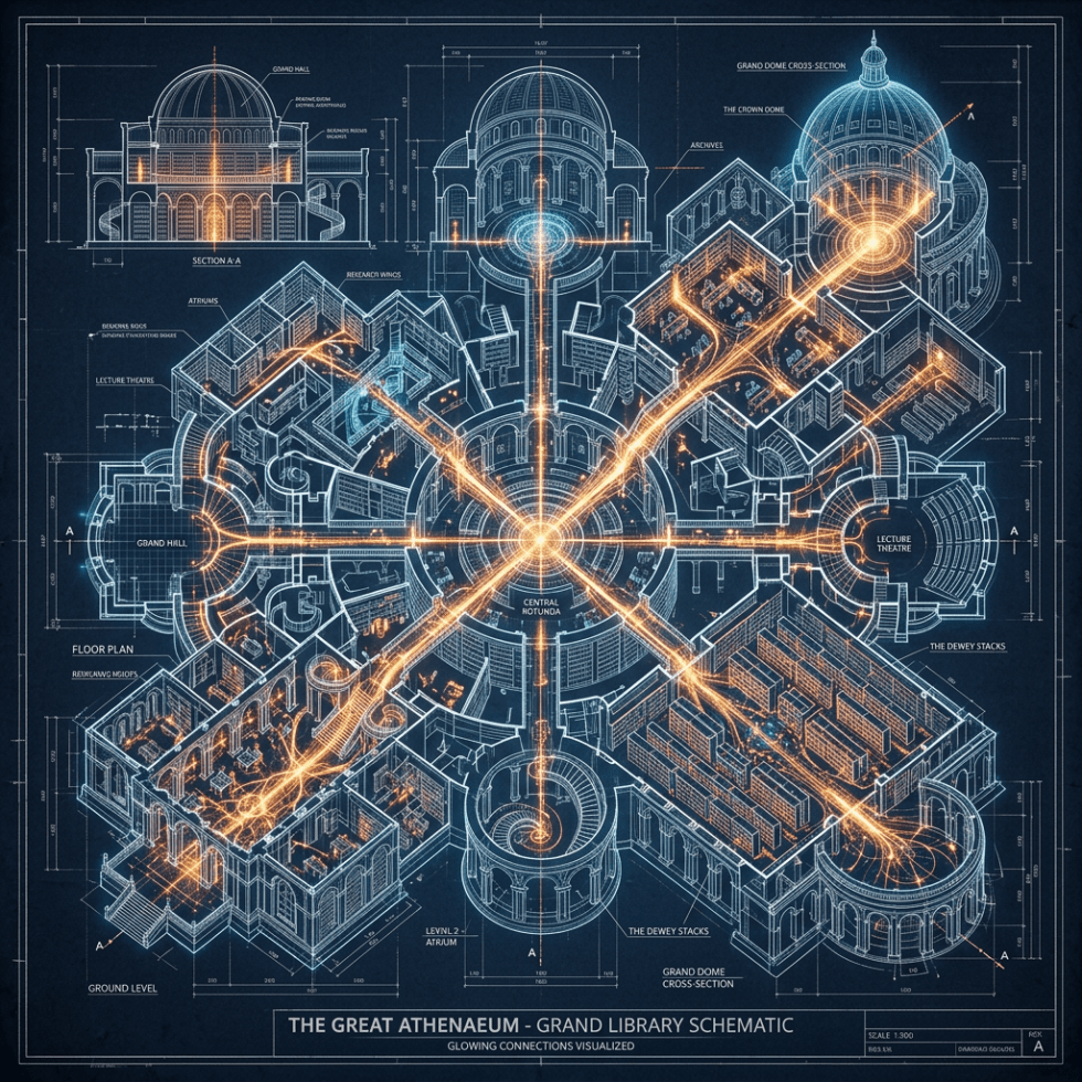 Architectural schematic of the grand library showing central rotunda and connecting wings with glowing pathways