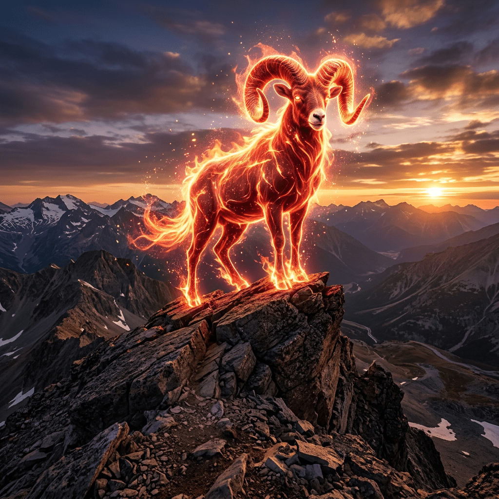 Fiery ram with glowing horns standing on rocky mountain peak during sunset