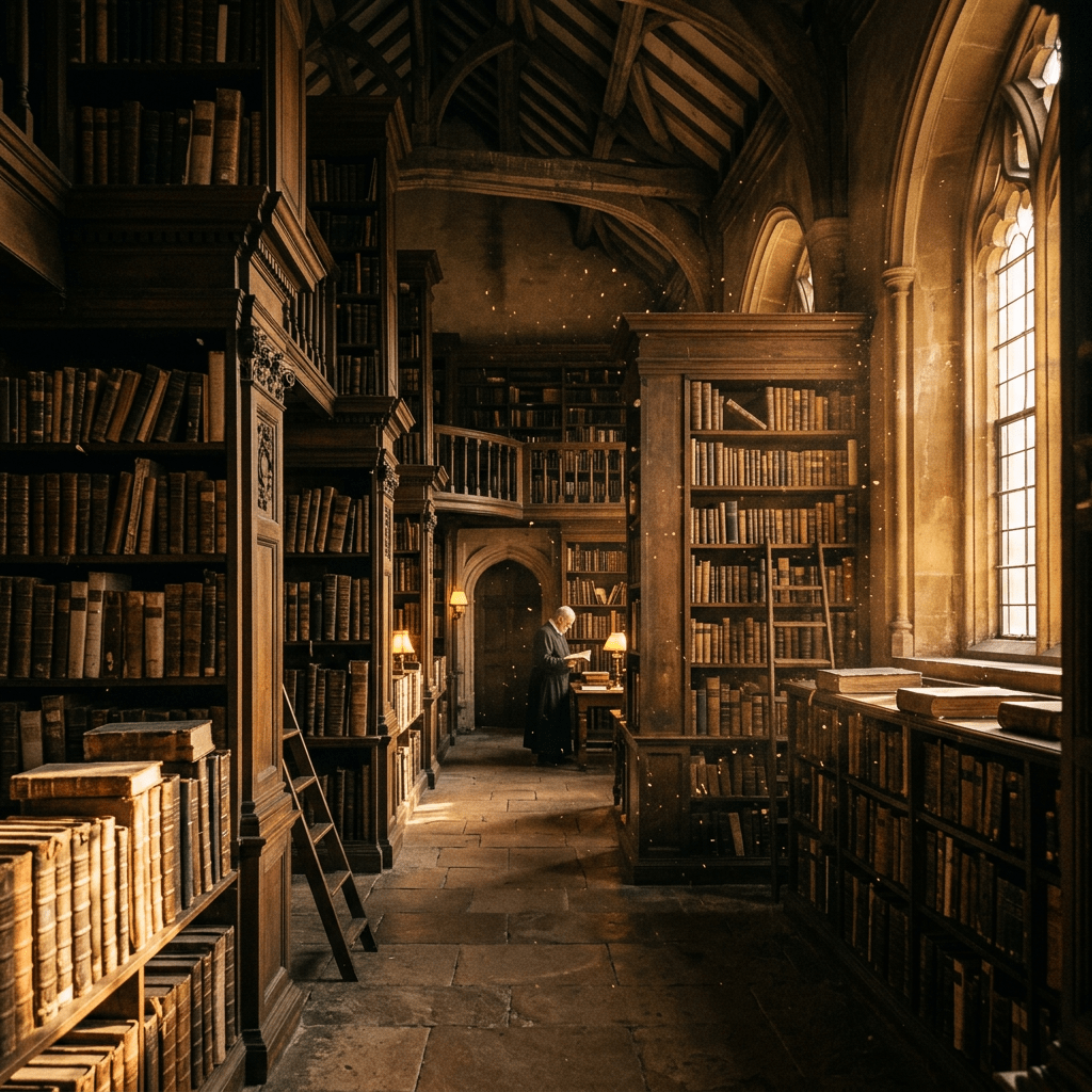 Interior of a grand old library with wooden shelves packed with old books and a person reading