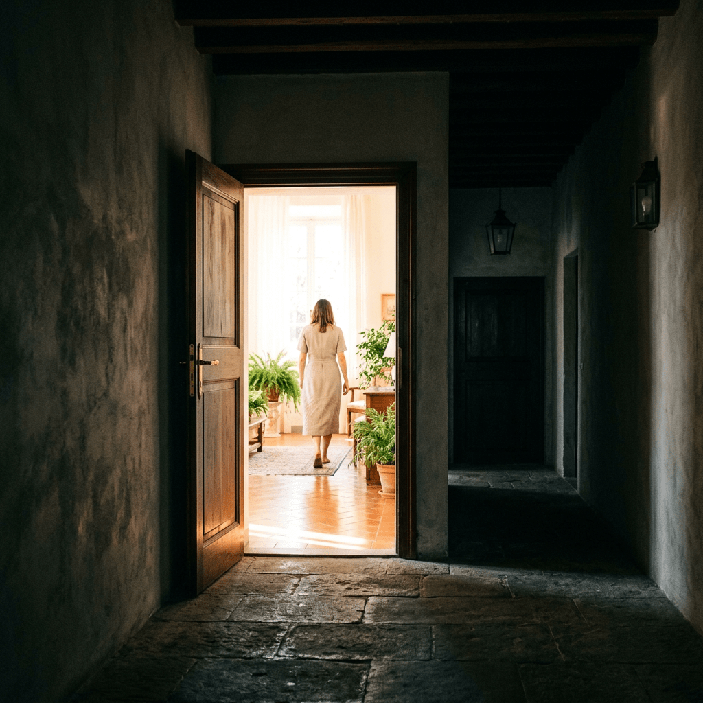 Woman walking into a sunlit room with houseplants and wooden furniture