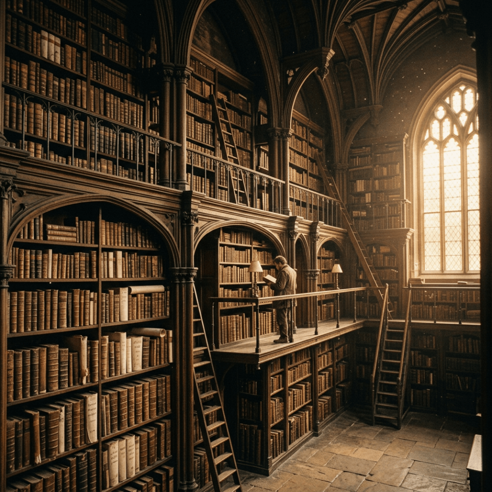 Man reading book on balcony inside a historic library with high wooden shelves filled with old books
