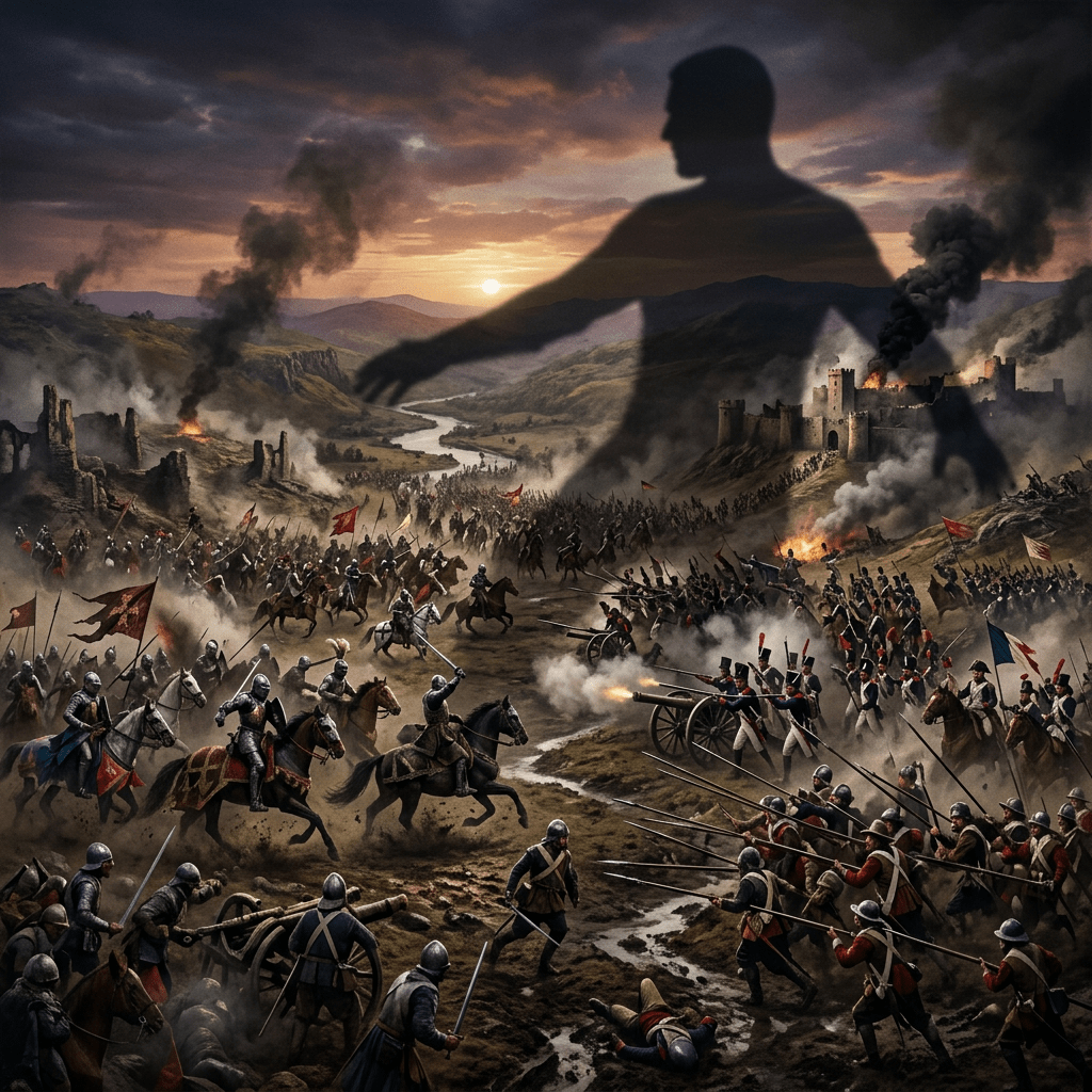 Medieval battle scene with knights, soldiers, cannons, and a giant shadow over a burning castle