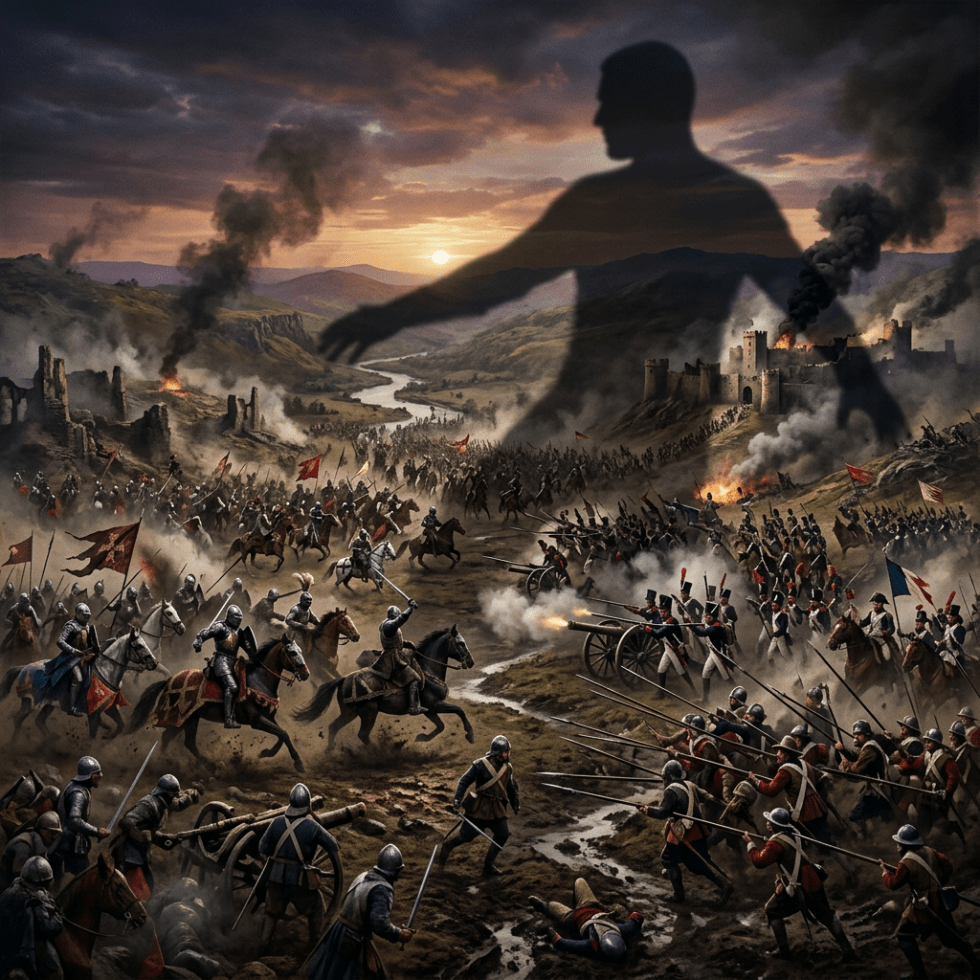 Medieval battle scene with knights, soldiers, cannons, and a giant shadow over a burning castle