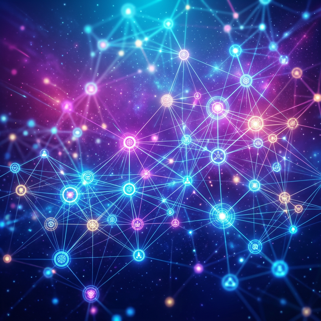 Glowing interconnected nodes forming a digital network with blue and purple colors