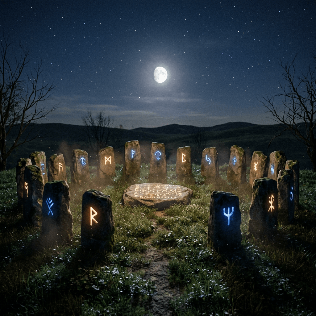 Circle of standing stones with glowing runes under a full moon in a grassy field