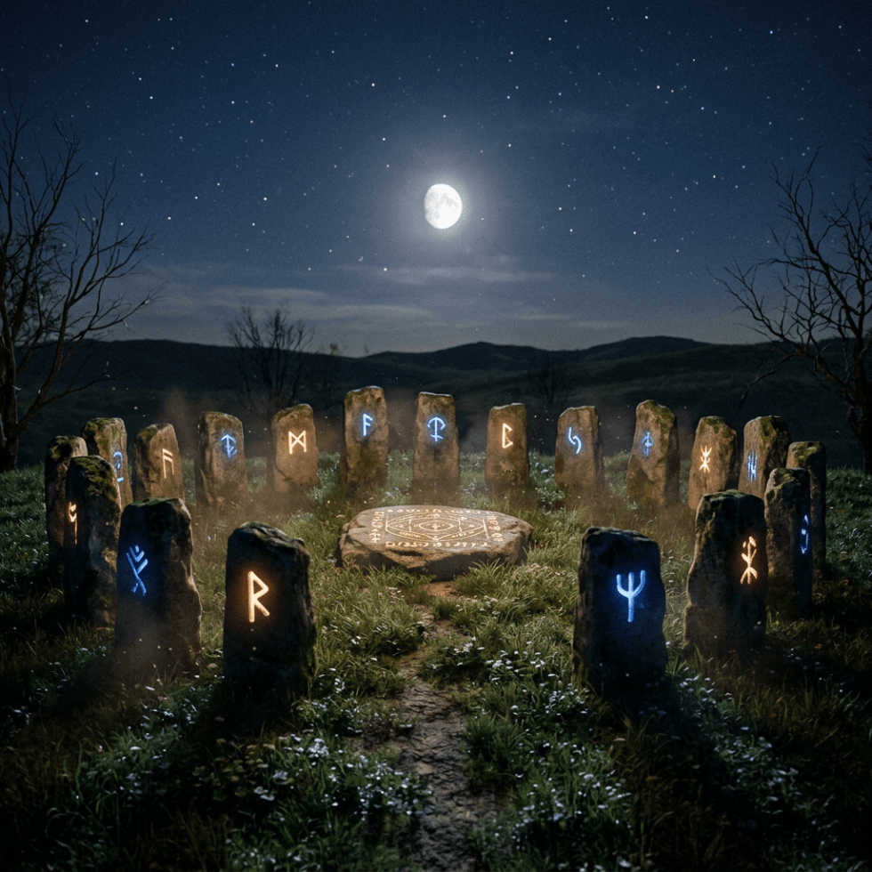 Circle of standing stones with glowing runes under a full moon in a grassy field