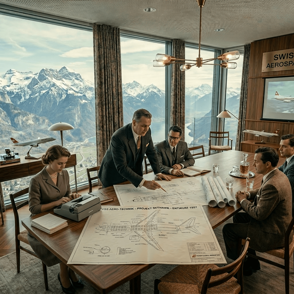 Business professionals reviewing aircraft design blueprints during a meeting with mountain views