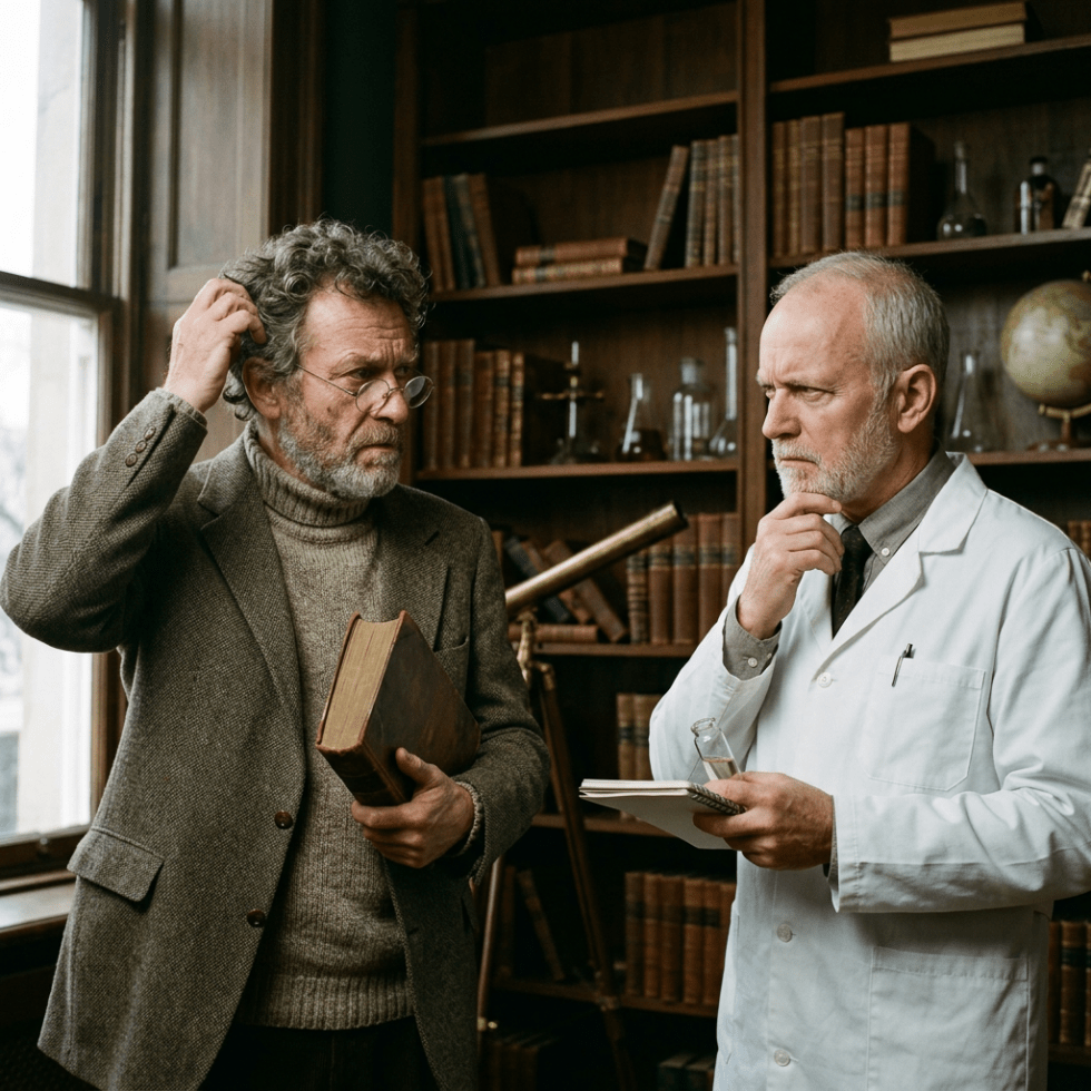 Two elderly men in a study room discussing a book and notes
