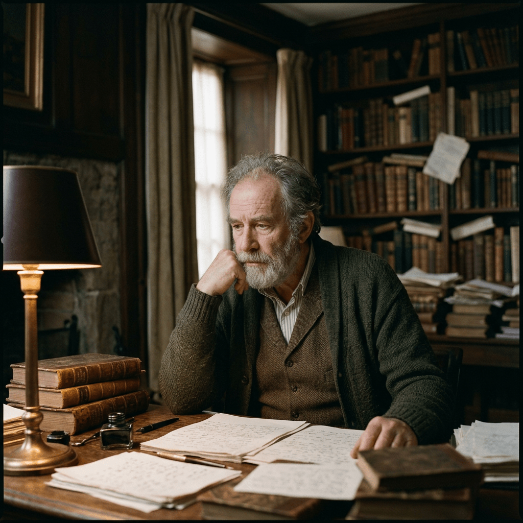 Elderly man with gray beard reading handwritten papers in vintage library