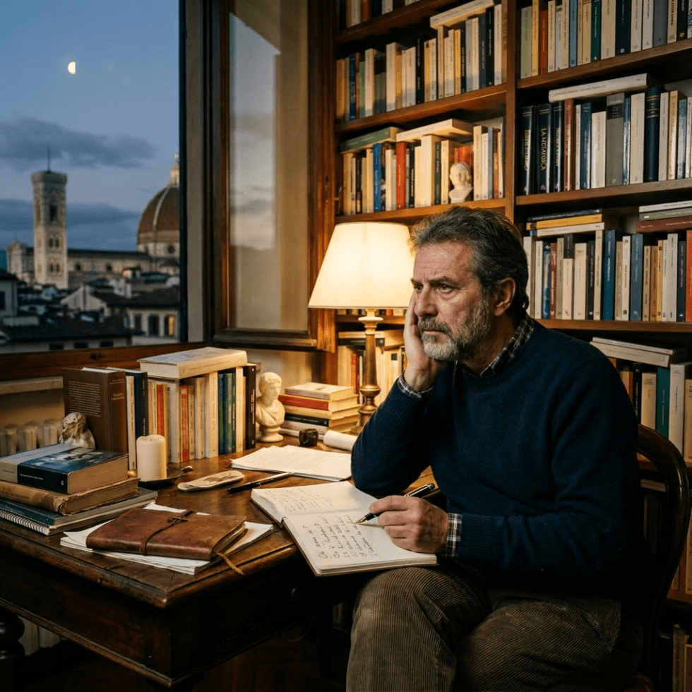 Man sitting at desk with notebook in a book-filled room at dusk