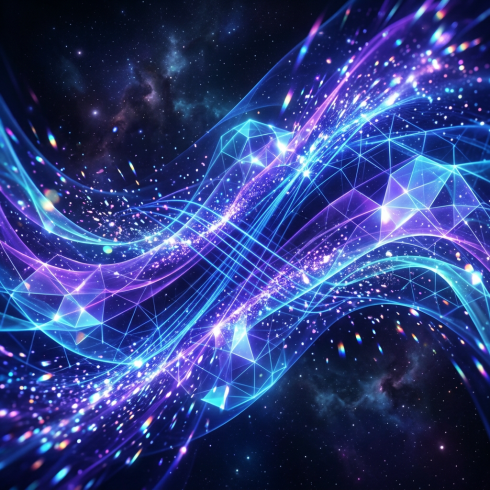 Abstract glowing blue and purple light waves with geometric shapes against a starry space background