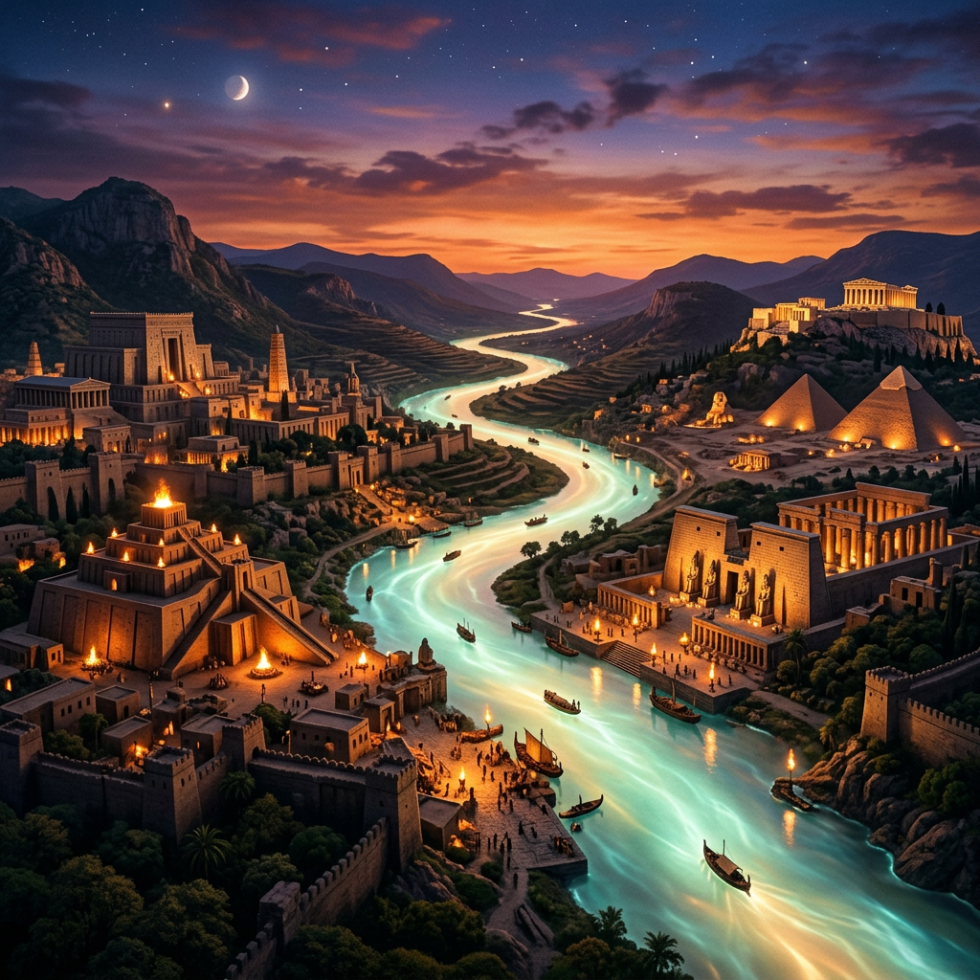 Ancient civilizations along a glowing river with pyramids, temples, and a crescent moon