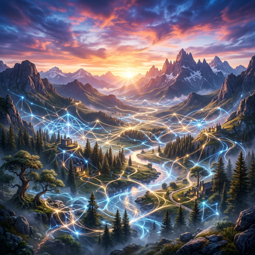 Mountain valley with glowing blue and orange light trails connecting trees and buildings at sunset