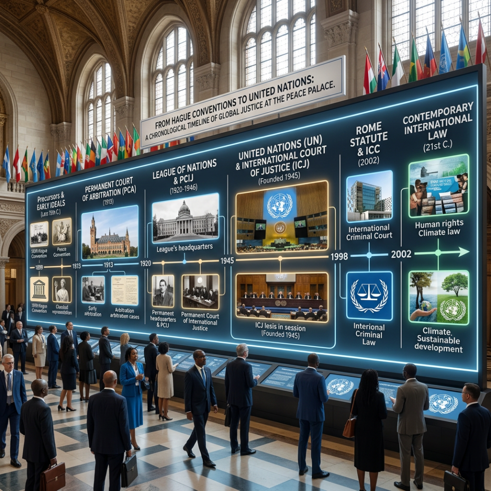 Chronological timeline display of global justice milestones from The Hague conventions to modern international law